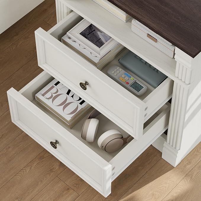 Yaamizz Farmhouse Nightstands with Charging Station, Table with Drawer and Storage Shelf, Wood Pilasters and Metal Handles, Vintage Design, Organizer for Bedroom, Hallway, White
