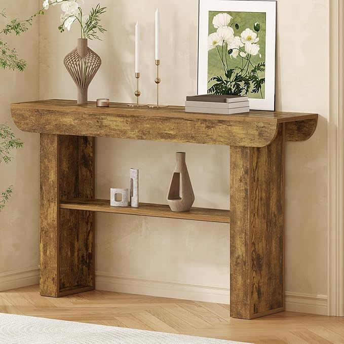 55-Inch Farmhouse Console Table,3-Tier Rustic Entryway Table with Storage,Rectangular Sofa Table Behind The Couch for Living Room, Hallway, Entrance