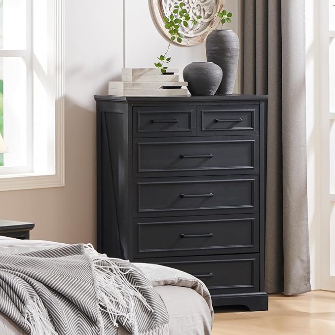 6 Drawer Dresser, Farmhouse Chest of Drawers for Bedroom, 44" Tall Dresser with Large Metal Handles, Wood Drawer Organizer for Living Room, Hallway, Closet - Black