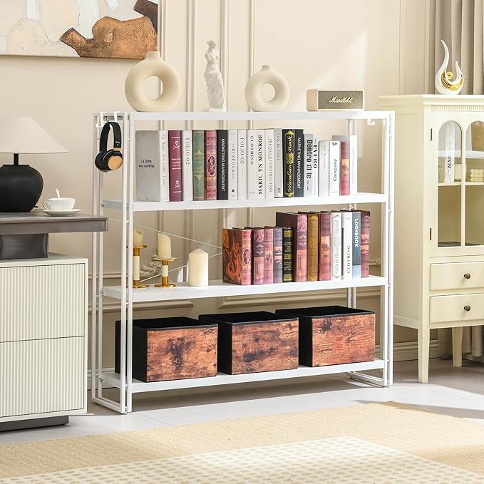 HCHQHS Bookshelf, 4-Tier Industrial Bookcase, White Open Book Shelf, Freestanding Tall Bookshelves with Metal Frame