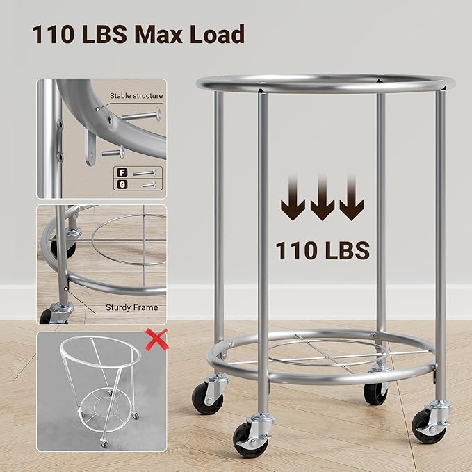 ELYKEN Laundry Basket with Wheels, 170L Rolling Laundry Hamper with Removable Bag and Steel Frame, Round Laundry Cart with 4 Casters and 2 Brakes, Ideal for Bedroom, Bathroom, Laundry Room, Pink