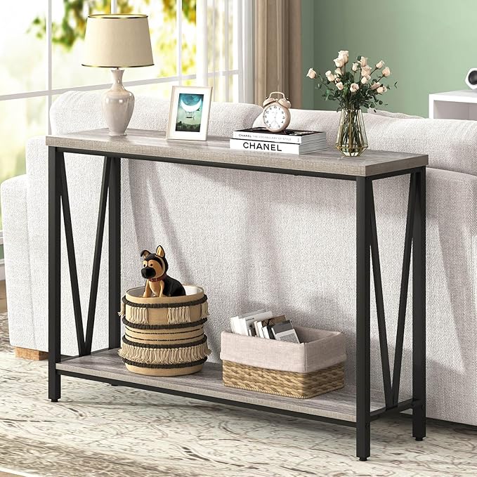 FOLUBAN Industrial Sofa Console Table, Rustic Wood and Metal Entryway Hallway Table for Living Room Entrance, 43.3 Inch Light Grey