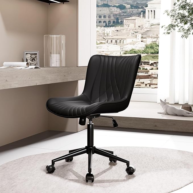 YOUNIKE Office Chair, Armless Desk Chair with Wheels, Home Office Computer Task Chairs, Modern Faux Leather Padded Vanity Chair, Adjustable Swivel Rocking Chair with Back, Black