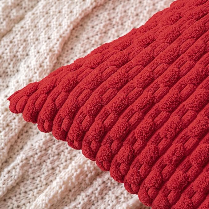 MIULEE Christmas Red Throw Pillow Covers Soft Corduroy Decorative Set of 2 Boho Striped Pillow Covers Pillowcases Farmhouse Home Decor for Couch Bed Sofa Living Room 18x18 Inch