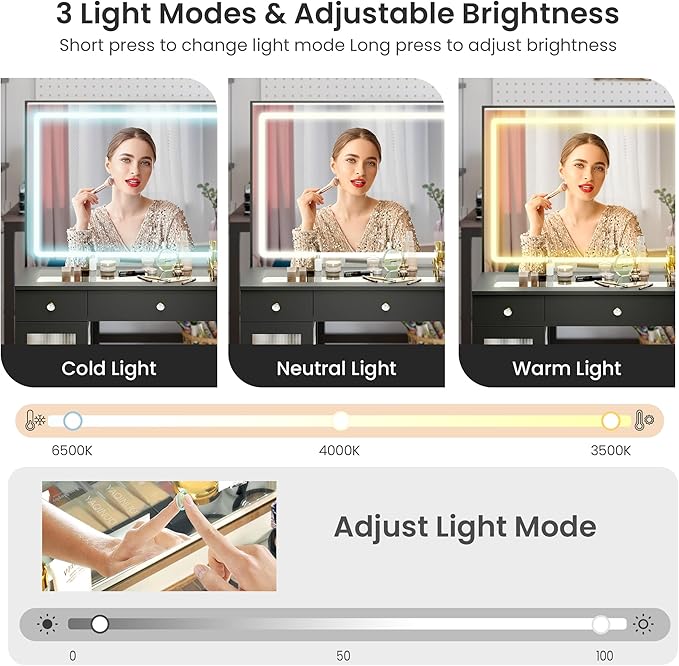 Pamapic Makeup Vanity with Lighted Mirror, Glass Top Vanity Desk with Power Outlet, 3-Drawer Black Vanity Table with 3 Color Modes Adjustment, Makeup Desk