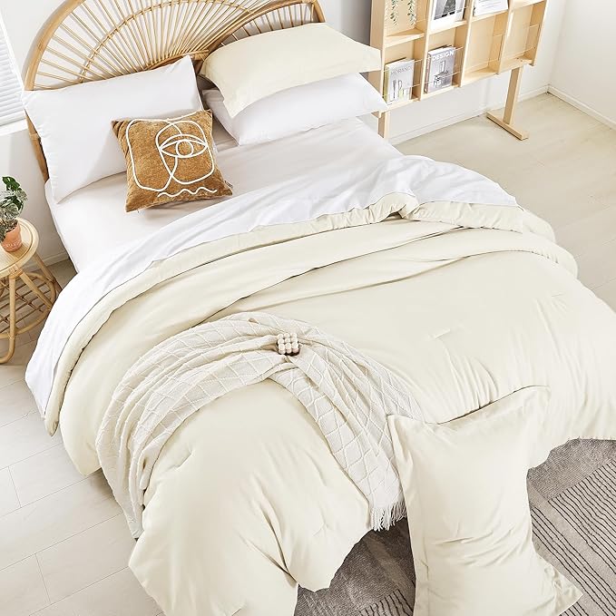 Weigelia Twin Bedding Set Microfiber 5 Pieces Ivory Twin Bedding Set All Season Soft Lightweight Comforter Set Bed in a Bag Twin Set with Comforters, Flat & Fitted Sheets, Pillowcases & Shams