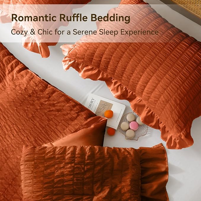 JOLLYVOGUE Burnt Orange Twin Size Comforter Set, 2 Pieces Seersucker Lightweight Fluffy Bedding Set, Twin Ruffle Comforter, All Season Soft Microfiber Shabby Chic Bed Set