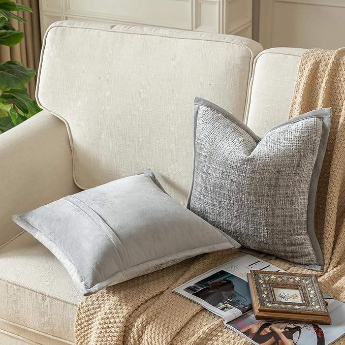 Yaertun Pack of 2 Chenille Textured Decorative Throw Pillow Covers Accent Solid Cushion Cover Soft Cozy Pillow Case with Velvet Back for Couch Sofa Bed Living Room 24x24 Inch Light Grey