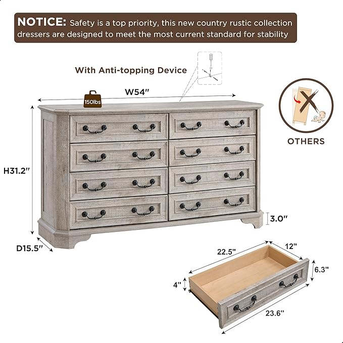 T4TREAM Farmhouse 8 Drawers Dresser for Bedroom, 54" Wide Wood Rustic Chest of Drawers with Natural Texture, Vintage Design, Storage Dressers Organizer for Bedroom, Living Room, Light Rustic Oak