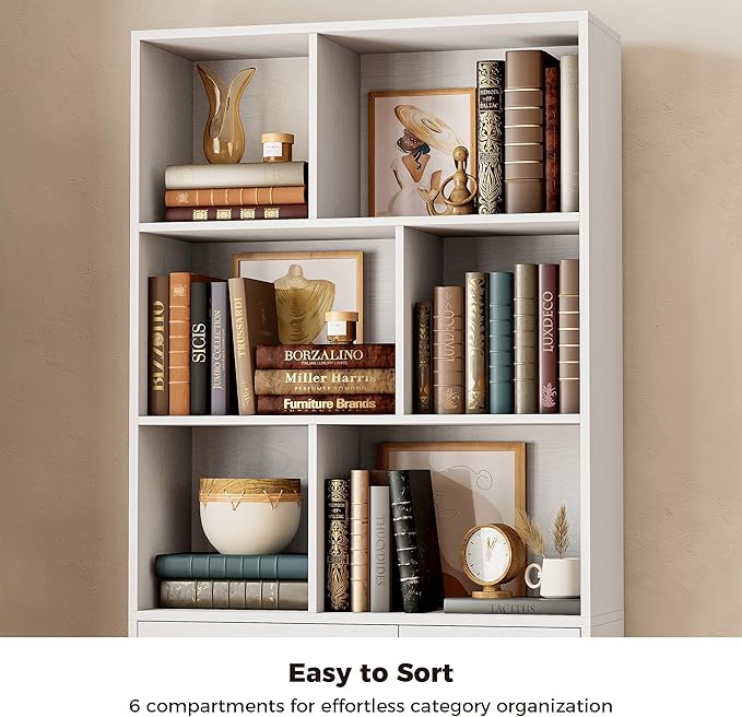 IRONCK Bookshelf with Drawers, 70.9 inch Tall Bookcase with Doors, Bookshelves and Bookcases with Storage, Bookshelf with 6 Open Cubes for Home Office, Living Room, Study, White