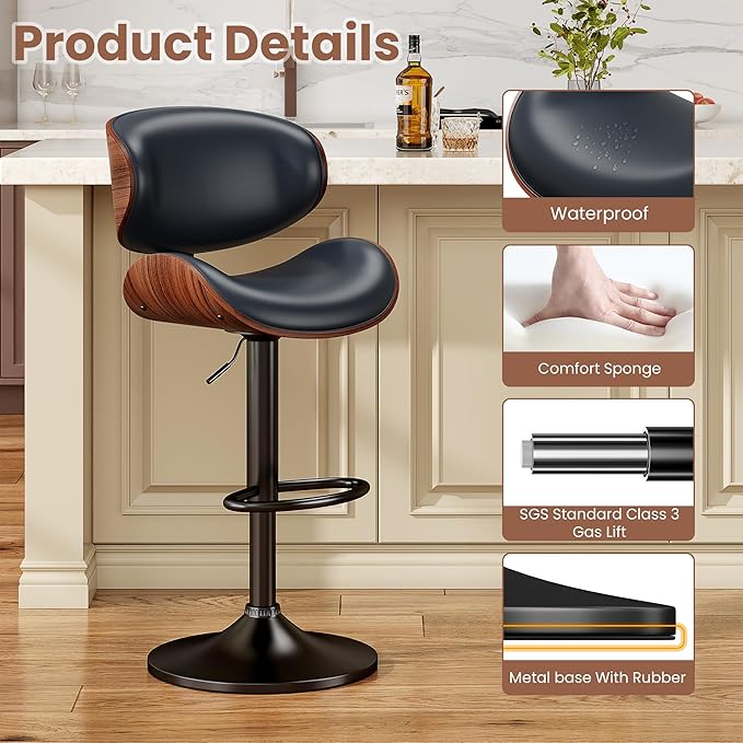 Bar Stools Set of 4, Bentwood Adjustable Height Swivel Bar Stools, PU Leather Upholstered Bar Chair with Back and Footrest for Bar, Kitchen, Blue