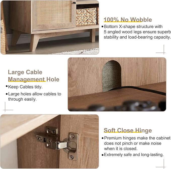 OKD TV Stand for 75+ Inch TV, Mid Century Modern Entertainment Center with Natural Rattan Door, Storage Shelves, Large Boho Media TV Console, Long Television Stand for Living Room, Oak