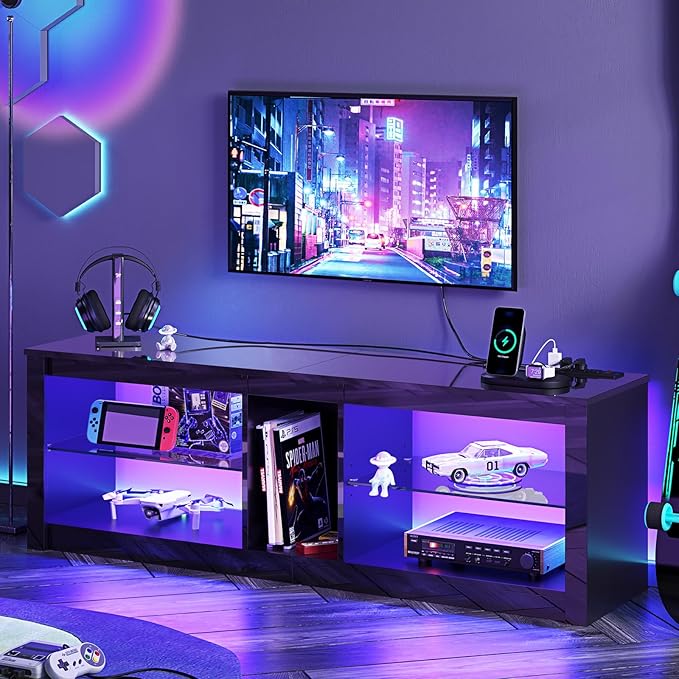 Bestier LED TV Stand for 55/60/65 Inch TV, High Gloss Gaming TV Stand with Power Outlet, Black Entertainment Center with Storage for Living Room, Bedroom, 55 Inch TV Console with Adjustable Shelves