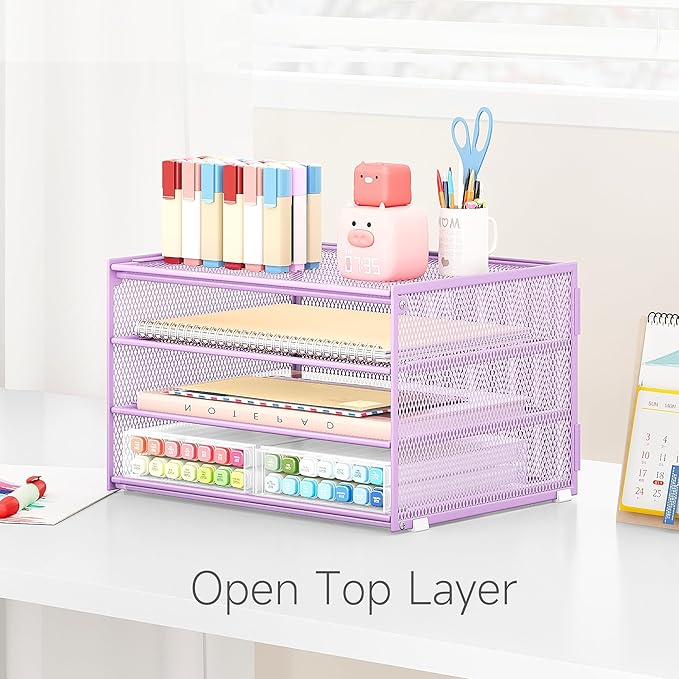 Lavatino 3-Tier Letter Tray Desk Organizer – Purple Mesh Metal Paper File Tray Organizer for Desk, Office Supplies & Home Organization | Fits A4/Letter Paper, Mail, Magazines and Office Accessories