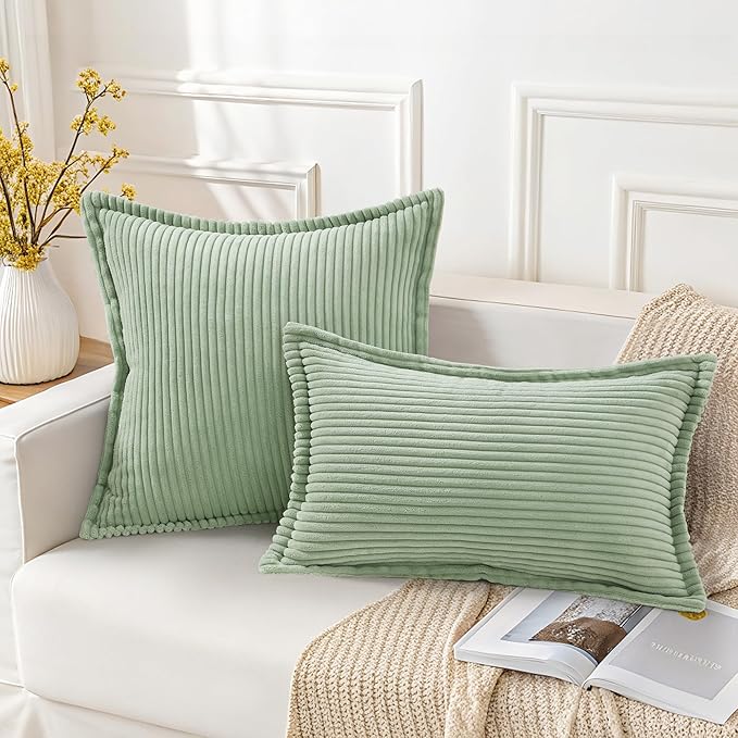 Mecatny Corduroy Throw Pillow Covers 12x20 Set of 2, Neutral Decorative Soft Boho Lumbar Couch Pillow Covers with Broadside for Sofa Living Room, Sage Green