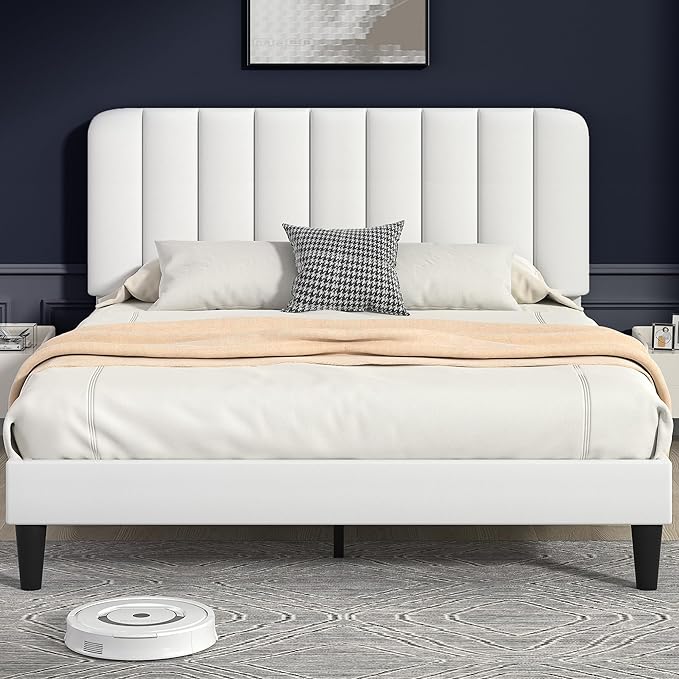 VECELO Full Size Bed Frame with Upholstered Headboard, Velvet Platform Bedframe Mattress Foundation, Strong Wood Slat Support, No Box Spring Needed,White