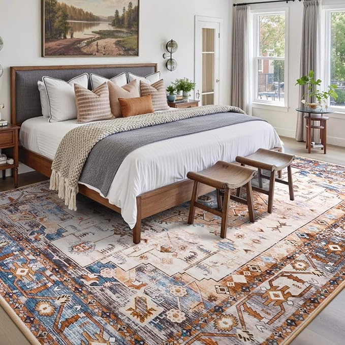 Large Washable 6x9 Area Rug, Orange Vintage Floral Rugs for Living Room, Non Slip Low Pile Carpet for Bedroom Dining Room, Thin Indoor Carpet for Office Classroom