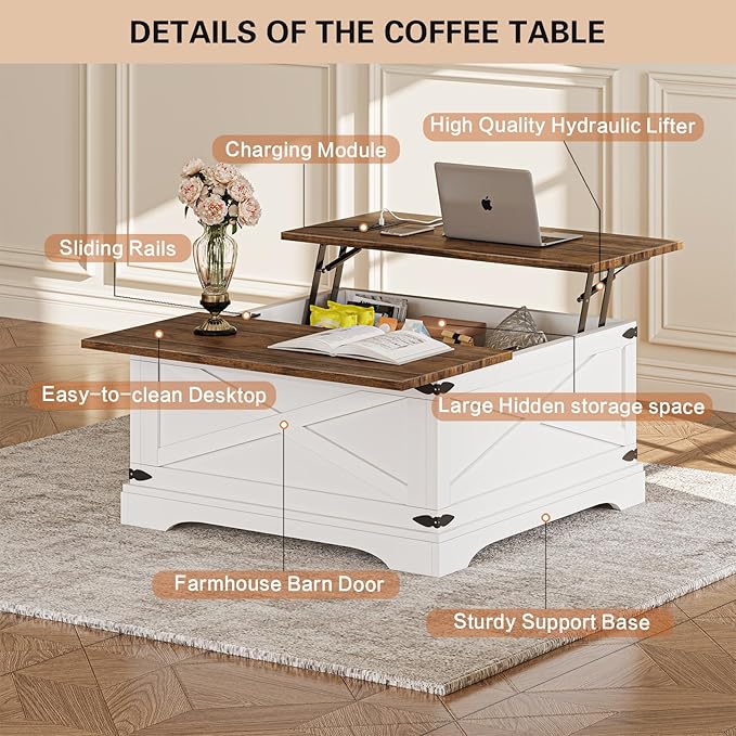 Lift Top Coffee Table with Storage, Square Coffee Table for Living Room with Charging Ports, Farmhouse Dining Table with Large Hidden Storage, White, 31.5"