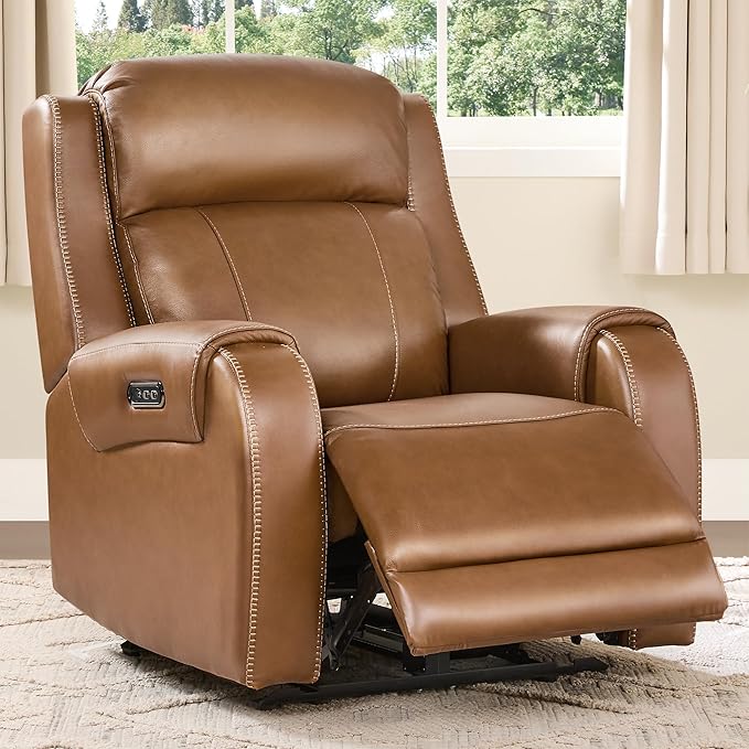 CHITA Genuine Leather Power Recliner Chair for Adults, Electric Wall Hugger Recliner with Adjustable Power Headrest & USB/Type-C Ports, Compact for Small Spaces & Living Rooms, Saddle Brown