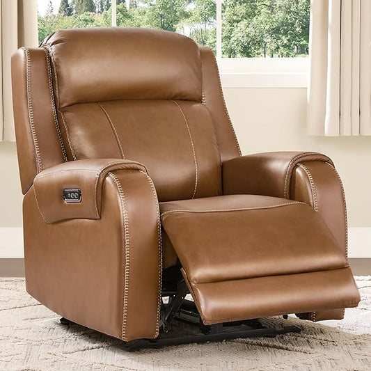 CHITA Genuine Leather Power Recliner Chair for Adults, Electric Wall Hugger Recliner with Adjustable Power Headrest & USB/Type-C Ports, Compact for Small Spaces & Living Rooms, Saddle Brown