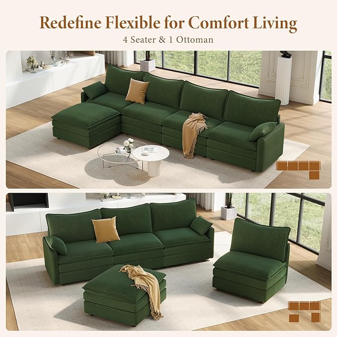 Vesgantti 142" Cloud Couch Sectional Modular Sofa, Comfy Sectional Couch with Ottoman Deep Seat Chenille L Shaped Sofa, Modular Couches for Living Room, Bedroom and Apartment, Green