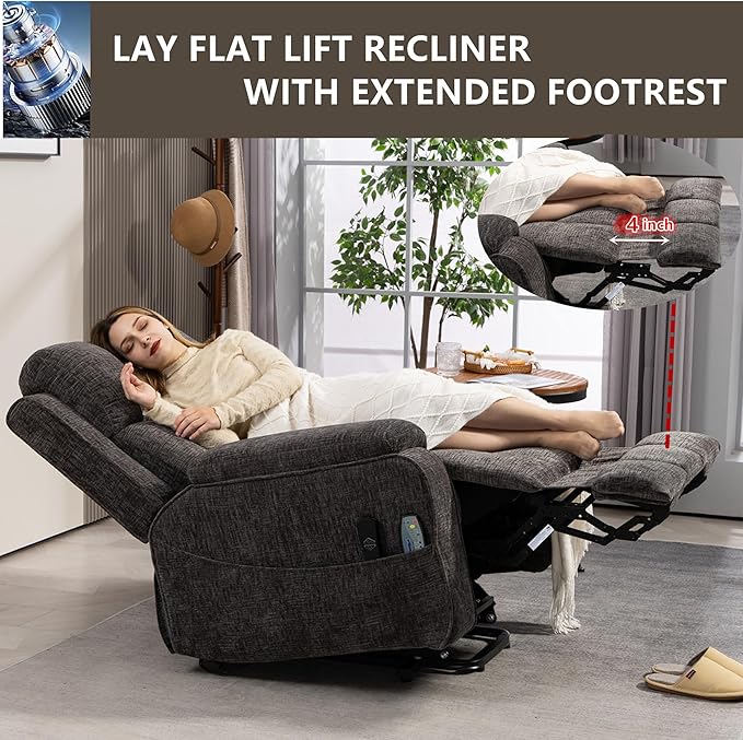 Power Lift Recliner Chairs for Elderly, Big and Tall Recliners 400 lbs, Lay Flat Recliner with Extended Footrest Heat & Massage and Side Storage Cup Holder for Adults LazyBoy Sleeping