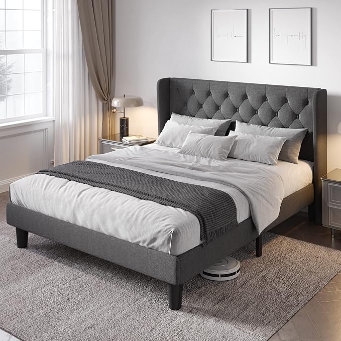 Allewie Queen Size Bed Frame with Button Tufted Wingback Headboard, Upholstered Platform Bed with Wooden Slats Support - No Box Spring Needed, Noise-Free, Easy Assembly, Dark Grey