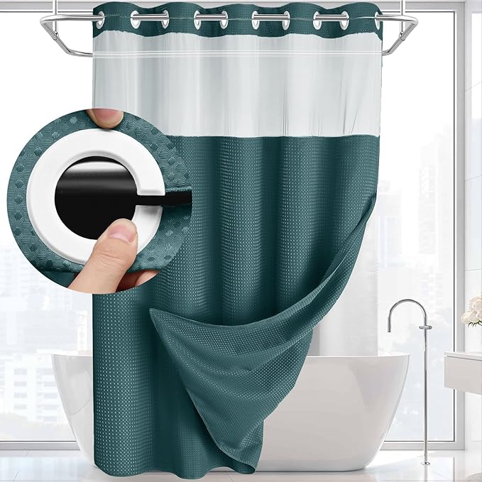 YellyHommy No Hook Shower Curtain with Snap in Liner Set Less Time Waffle Shower Curtain for Bathroom 75" L x 72" W Seaweed Green