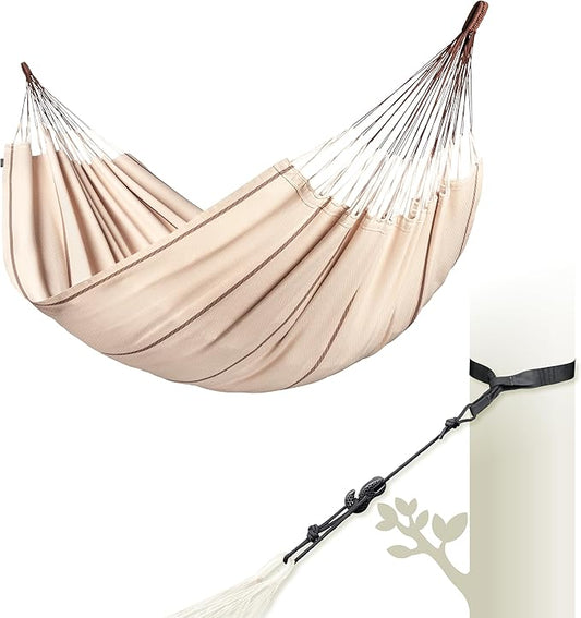 LA SIESTA® Modesta Organic Cotton Hammock & Tree Mount Kit, Beams & Posts Hammock Straps - Indoor Outdoor Hammock Swing, Portable Hammock for Outside Patio Bed - 2 Person Hammock, XL King, Nougat