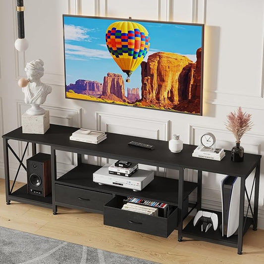 TV Stand with Fabric Drawers for 55 60 65 Inches TV - Entertainment Center and Industrial TV Console Table with Open Storage Shelves for Living Room, Bedroom - 55.1" Black