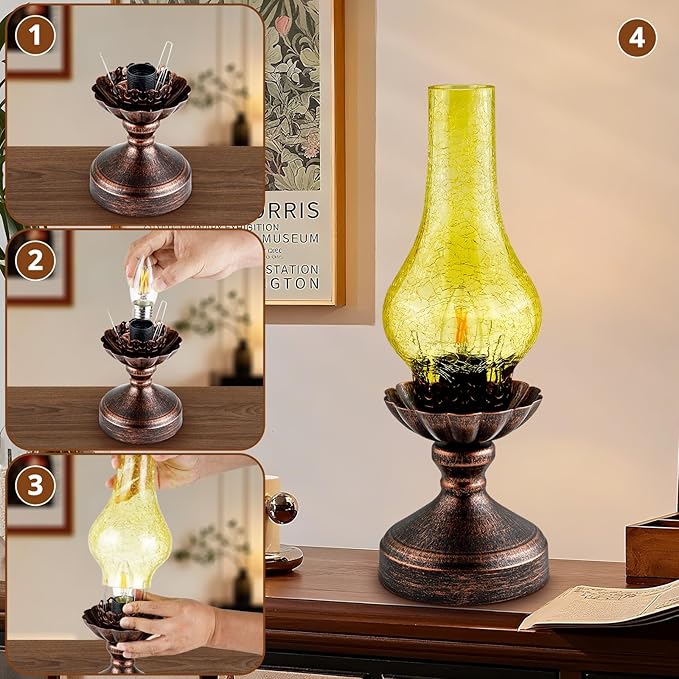 Touch Control Vintage Table Lamp | 3-Way Dimmable Rustic Retro Farmhouse Lamp with Amber Glass Shade and LED Bulb for Bedroom, Living Room, Nightstand, Office
