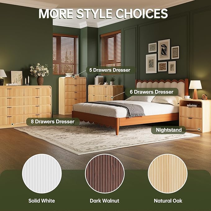 FURSUN Fluted 6 Drawers Dresser for Bedroom, 54" Wide Wooden Dresser with Metal Handle, Curved Profile Design, Modern Storage Organizer for Living Room, Hallway (Natural Oak)