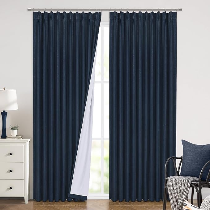 Vision Home Navy Blue Pinch Pleated Full Blackout Curtains Linen Blended Room Darkening Window Curtains 102 inch for Living Room Bedroom Thermal Insulated Pinch Pleat Drapes with Hooks 60" Wx102 Lx1