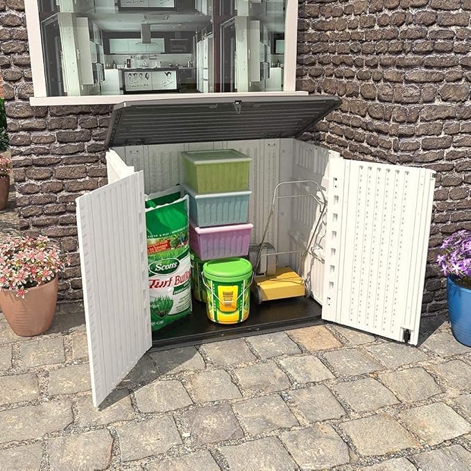 Horizontal Outdoor Garden Storage Shed for Backyards and Patios, Plastic Storage Box Waterproof, Small Shed 26 Cubic Feet Capacity for Bike, Garbage Cans, Lawn Mower, Tools and Garden Accessories