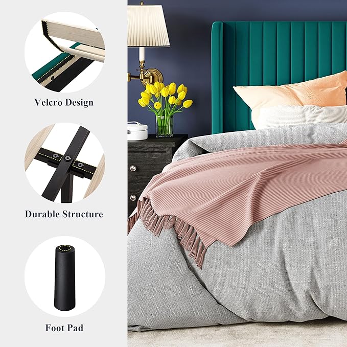 Allewie Queen Size Bed Frame/Velvet Upholstered Platform Bed/Vertical Channel Tufted Wingback Headboard/Strong Wooden Slats/No Box Spring Needed/Easy Assembly/Teal