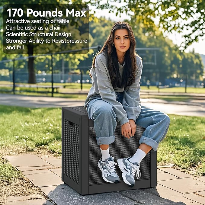 35 Gallon Outdoor Storage Box, Waterproof Resin Deck Box with Lockable Lid, Patio Furniture Side Table & Storage Bin for Package Delivery, Patio Cushions, Garden Tools, Pool Accessories, Black