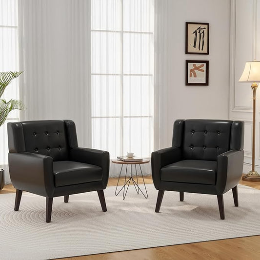 Accent Chair, Mid-Century Modern PU Leather Chairs with Arms for Living Room, Comfy Upholstered Club Single Sofa Armchair for Bedroom Waiting Room with Solid Wood Frame（Leather Black, Set of 2)