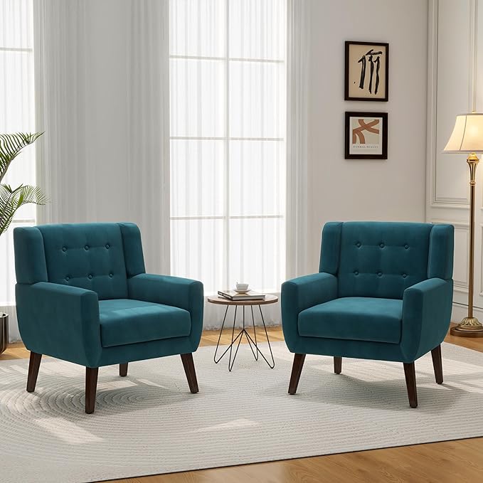 Accent Chair, Mid-Century Modern Velvet Fabric Chairs with Arms for Living Room, Comfy Upholstered Club Single Sofa Armchair for Bedroom Waiting Room with Solid Wood Frame (Velvet Blue, Set of 1)