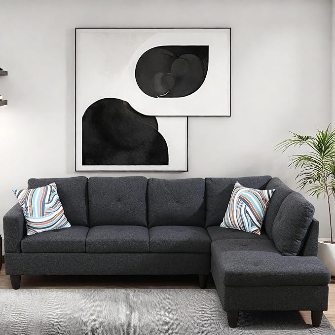 L Shaped Couch, Modular Sectional Sofa with Chaise, Modern Modular Sofas Furniture Sofa Couches for Living Room/Apartment/Office/Bedroom, Black Grey