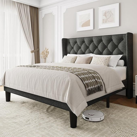 Full Size Upholstered Bed Frame with Wingback Headboard, Fabric Linen Platform Bed, 8" Under Bed Storage, Wooden and Metal Slats Support, No Box Spring Needed, Dark Grey