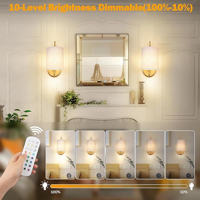 Battery Operated Wall Sconce Set of 2, Gold Rechargeable Dimmable Wall Light Fixture Remote, 12 RGB Colors & Timer, Wireless Lamp Linen Shade