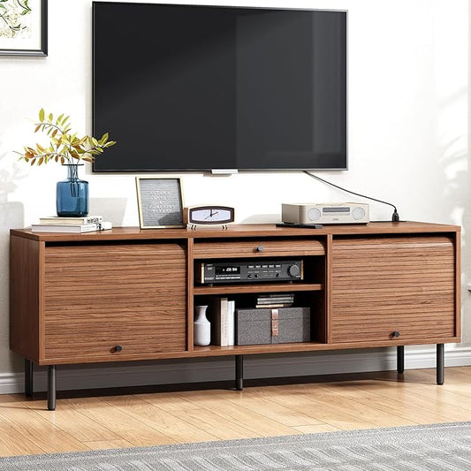 59 Inch TV Stand for TVs up to 65 Inch, Entertainment Center with Power Outlet, Mid-Century Modern TV Console with Storage, Adjustable Shelf & Sliding Doors, TV Stand for Living Room, Walnut