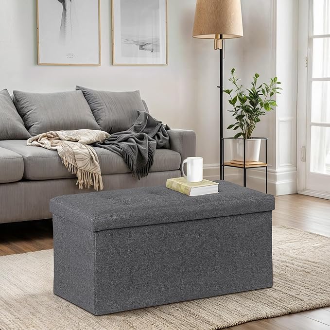 SUPER DEAL Storage Ottoman Bench, 30 Inches Folding Storage Chest Padded Seat Foot Rest Long Box for Living Room Bedroom Entryway, 660 lbs Capacity 15" x 30" x 15" Dark Grey