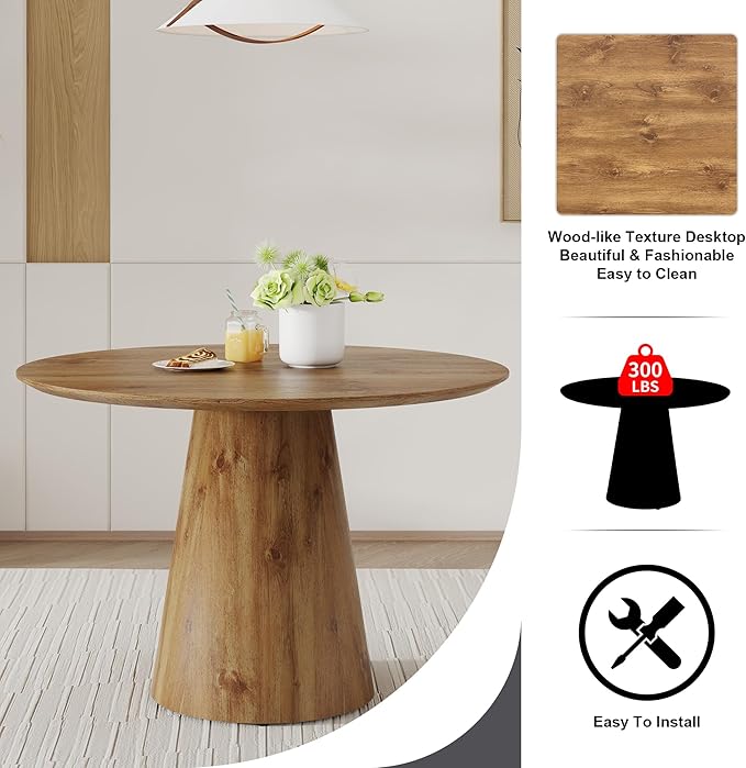 45 Inch Round Dining Table Set for 4, 5 Piece Kitchen Table and Chairs Set, Wooden Table with Light Walnut Finish, Small Space Dining Set for Apartment or Dining Room