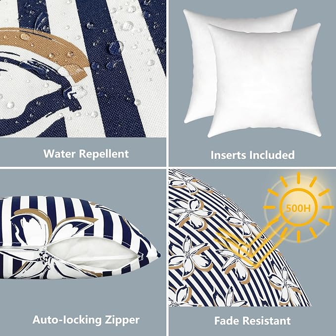 LVTXIII Outdoor/Indoor Throw Pillows, Decorative Throw Pillows with Inserts, 18"x18" Square Pillows for Bed, Couch, Sofa and Patio Furniture, Set of 2, Clemens Cabana Navy