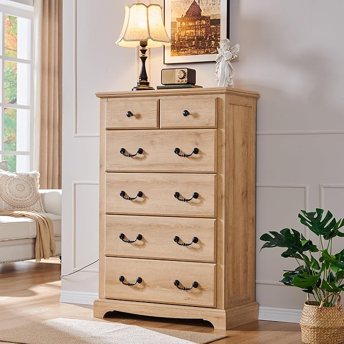 RedLemon 48" Tall Dresser for Bedroom, Modern 6 Drawers Dresser with Vintage Styles Pulls, Wood Rustic Closet Chest of Drawers for Living Room, Hallway, Natural Oak