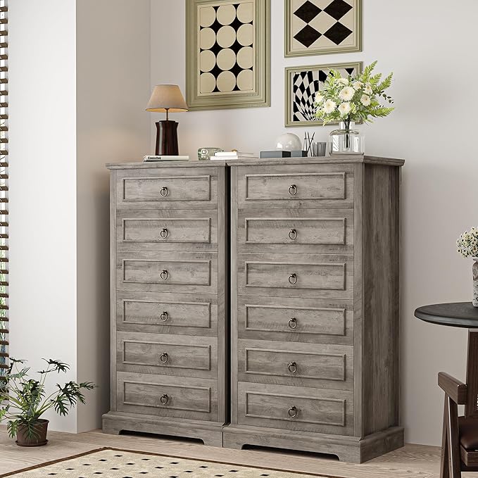 HOSTACK 6 Drawer Dresser for Bedroom, 52" Tall Dresser, Modern Farmhouse Vertical Chest of Drawers for Bedroom, Wooden Closet Chest, Wood Storage Cabinet for Living Room, Hallway, Entryway, Ash Grey