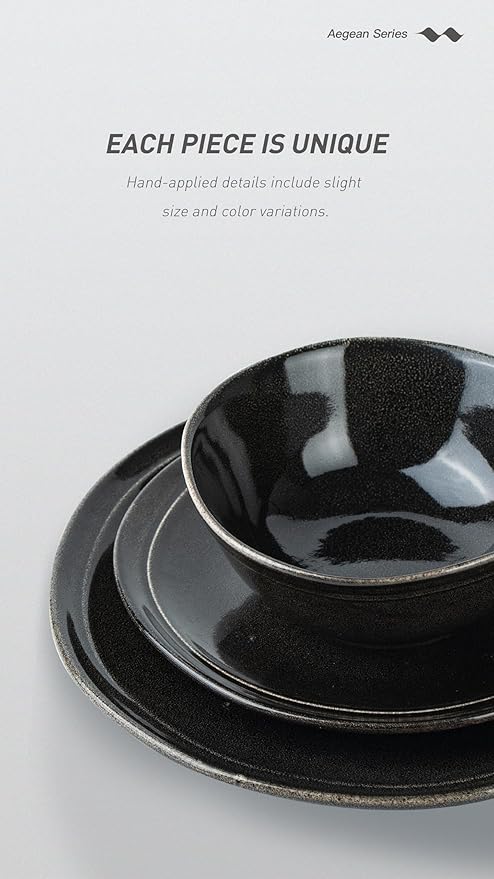 Famiware Aegean Dinnerware Set for 4, 12-Piece Plates and Bowls Sets, Stoneware Scratch Resistant Dinner Set, Handmade Irregular Round Dishes, Microwave and Dishwasher Safe, Black Coffee