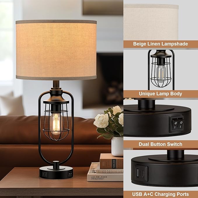 24" Farmhouse Table Lamps for Living Room Set of 2, Black Rustic Lamps for Night Stands with USB Ports, Industrial Bedside Lamp for Bedroom End Tables, Bulbs Included