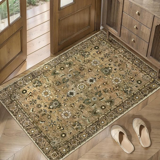 Tangsoo Vintage Floral Rug 2x3 Washable Rugs for Entryway, Small Area Rug, Non-Slip for Front Door, Brown Accent Rug Doormat, Soft Low Pile for Indoor Entrance Kitchen Bedroom